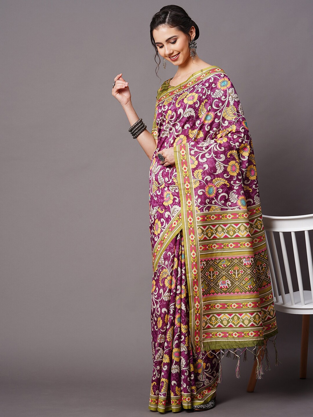 

Mitera Burgundy & Green Floral Printed Silk Blend Saree