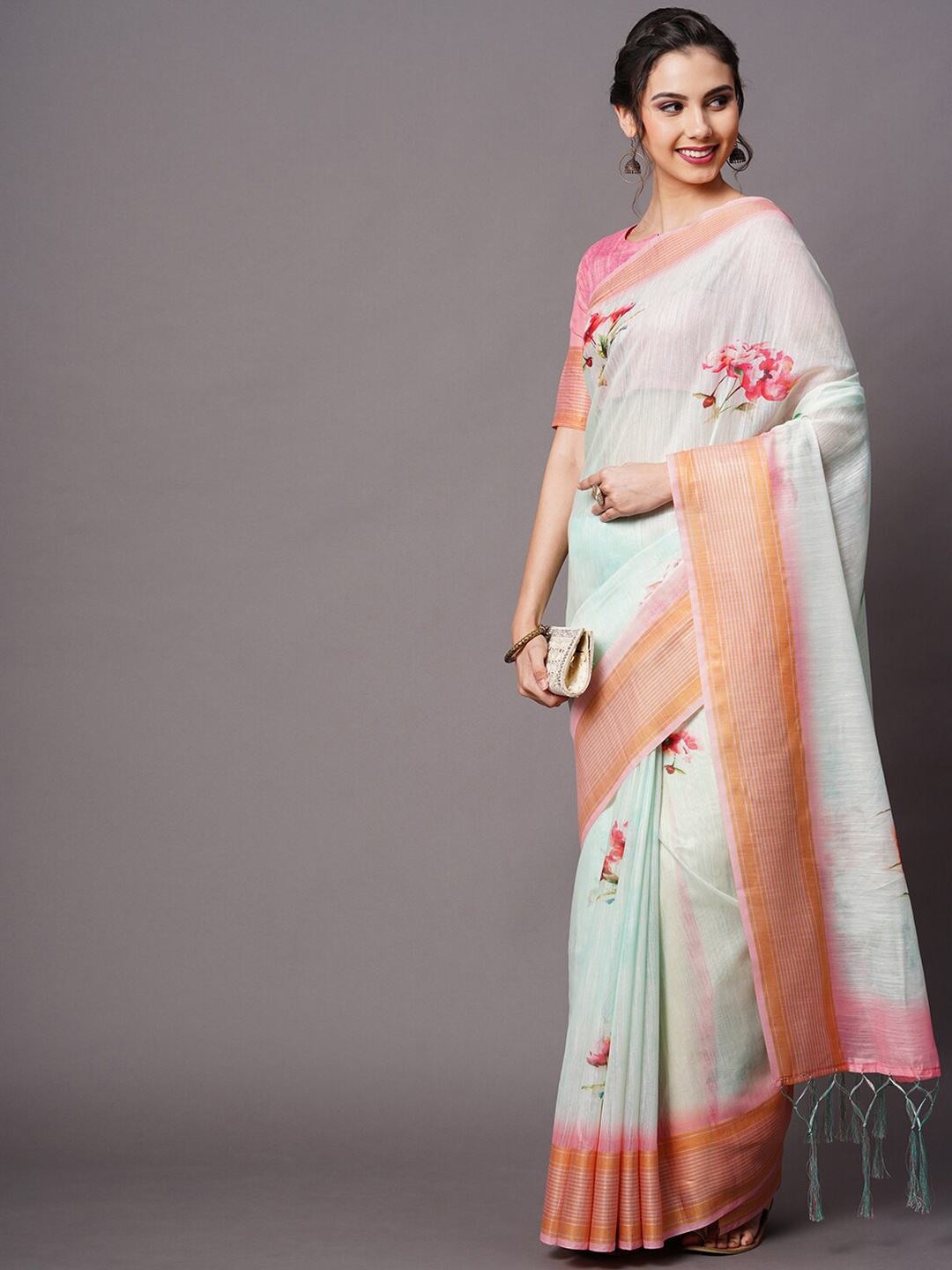 

Mitera Sea Green & Pink Floral Printed Linen Blend Saree
