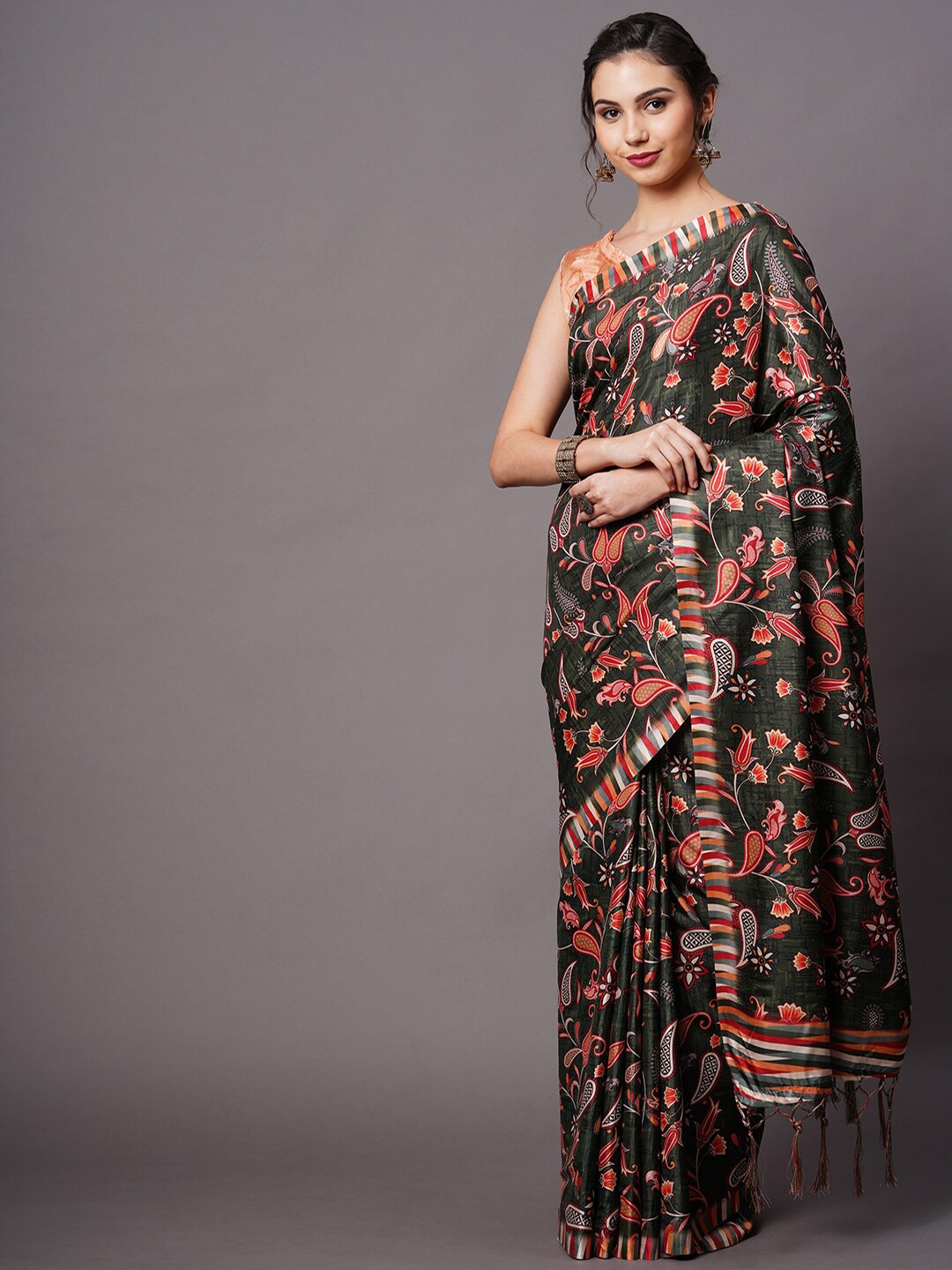 

Mitera Olive Green & Red Floral Printed Silk Blend Saree