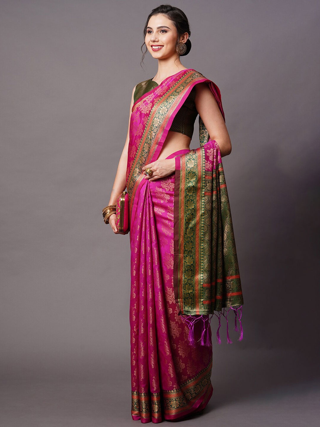

Mitera Pink & Green Floral Woven Design Silk Blend Saree