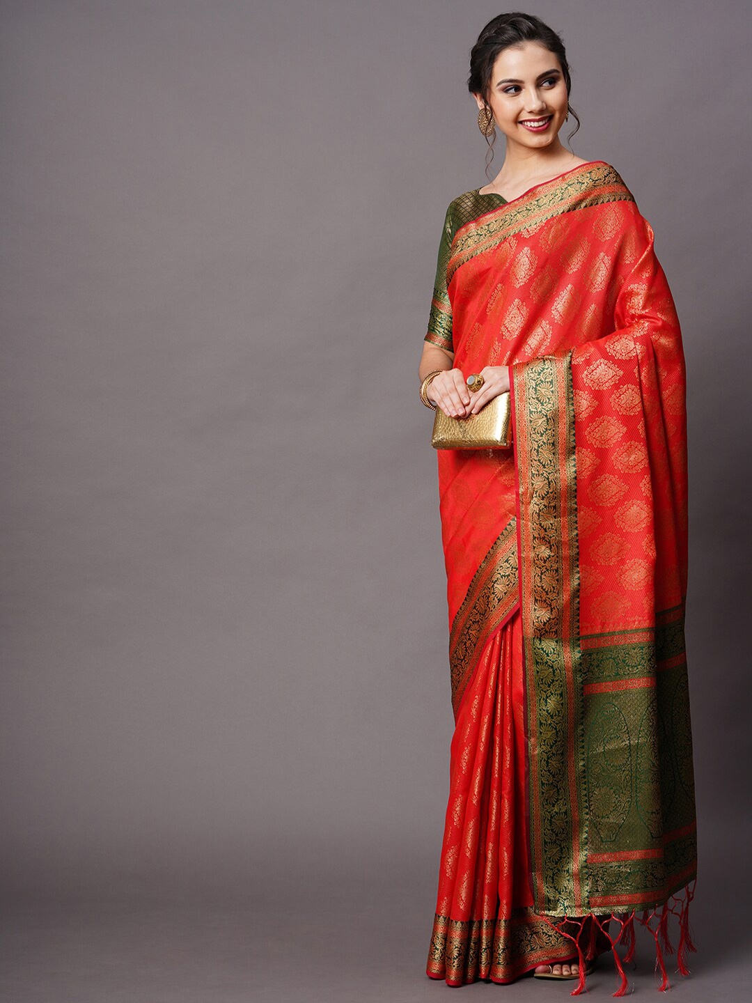

Mitera Red & Gold-Toned Woven Design Zari Silk Blend Saree