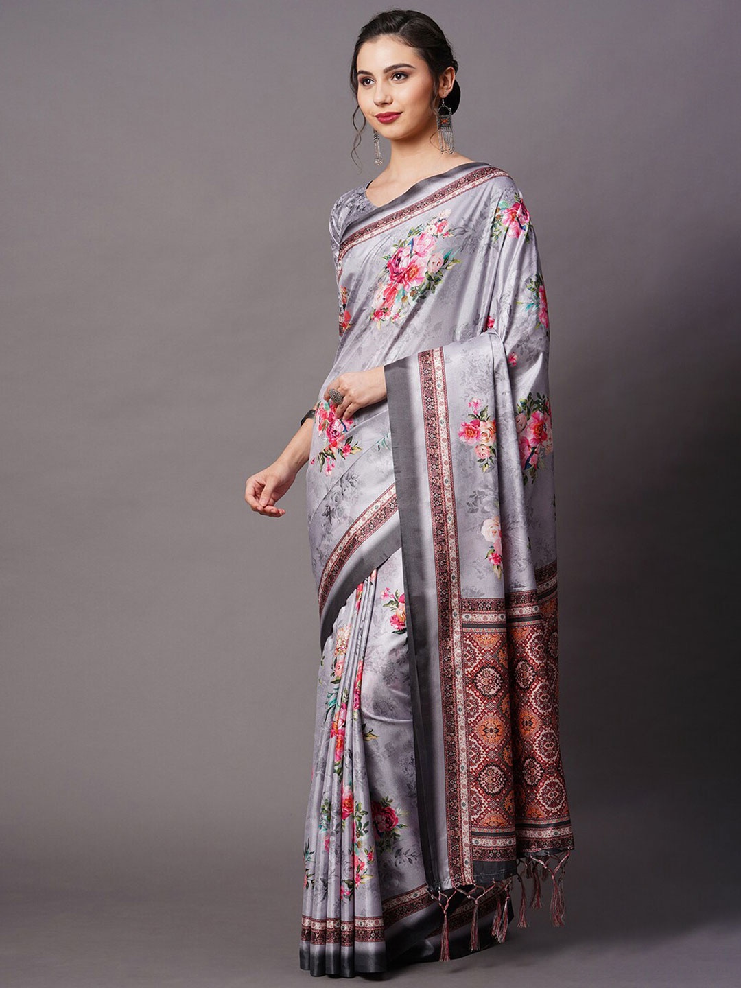 

Mitera Grey & Multicoloured Floral Printed Silk Blend Saree