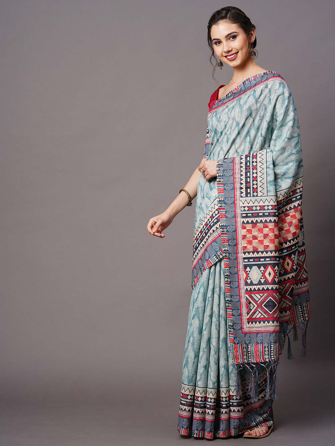 

Mitera Blue & Pink Printed Silk Blend Saree