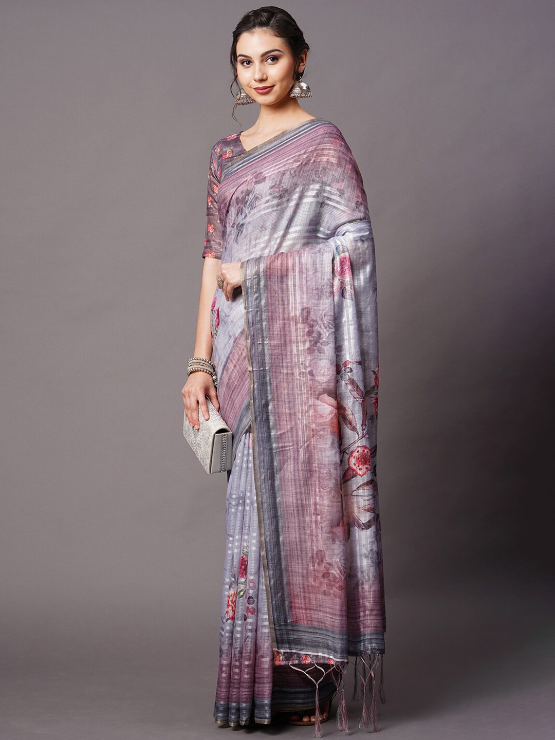 

Mitera Grey & Magenta Floral Printed Linen Blend Saree