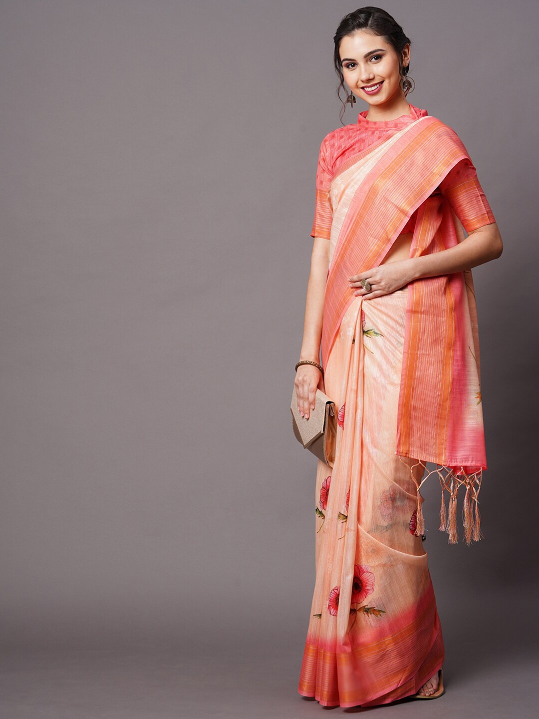 

Mitera Peach-Coloured & Red Floral Zari Linen Blend Saree