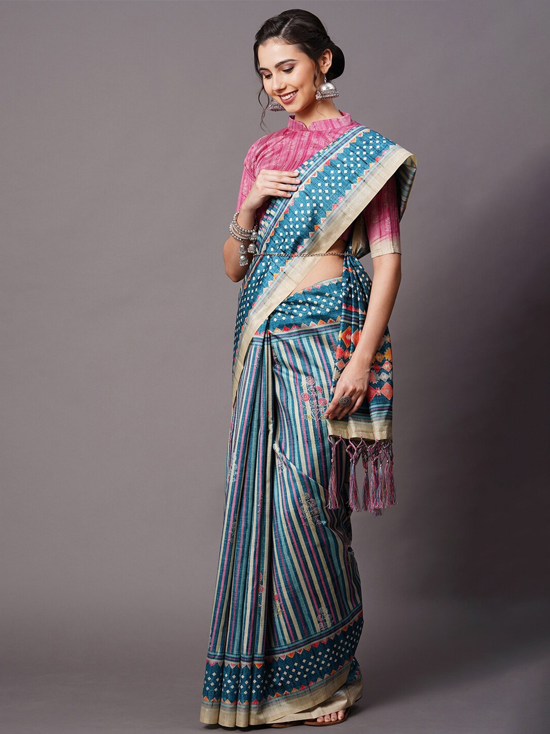 

Mitera Teal & Pink Printed Silk Blend Saree