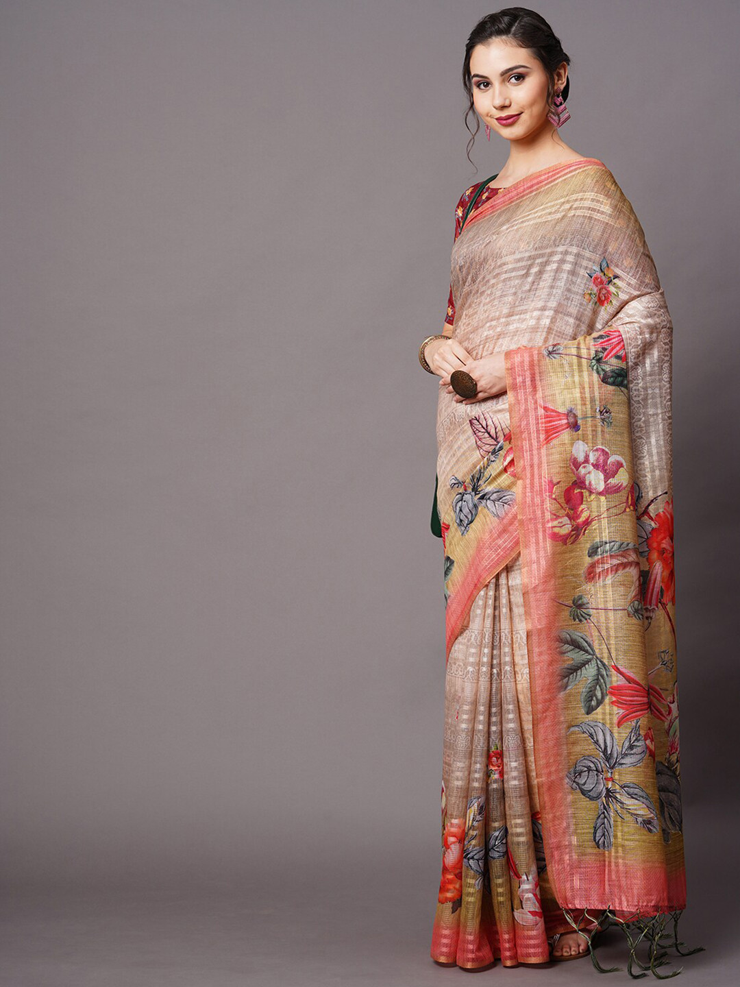 

Mitera Cream-Coloured & Red Floral Printed Linen Blend Saree