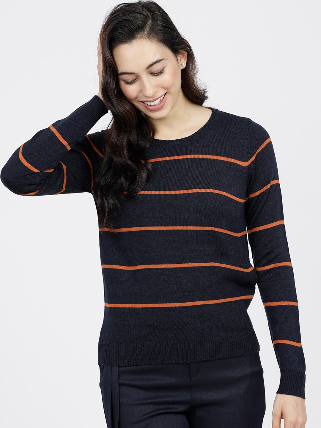 

Tokyo Talkies Women Navy Blue & Orange Striped Pullover