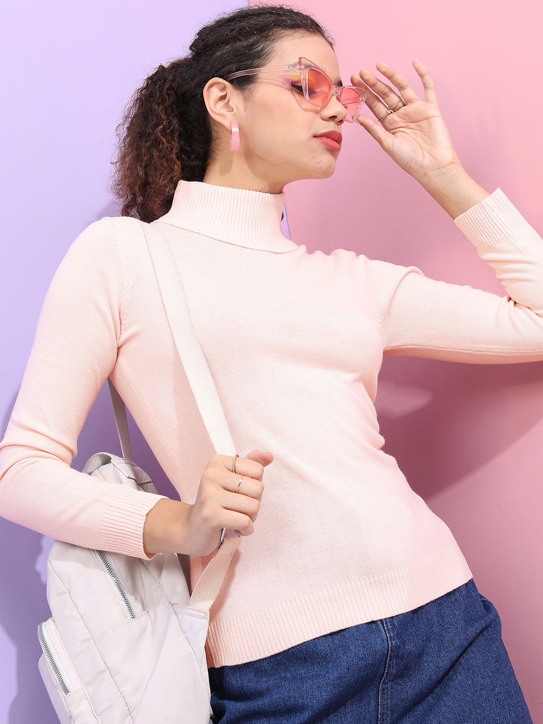 

Basics By Tokyo Talkies Women Pink Solid Turtle Neck Pullover