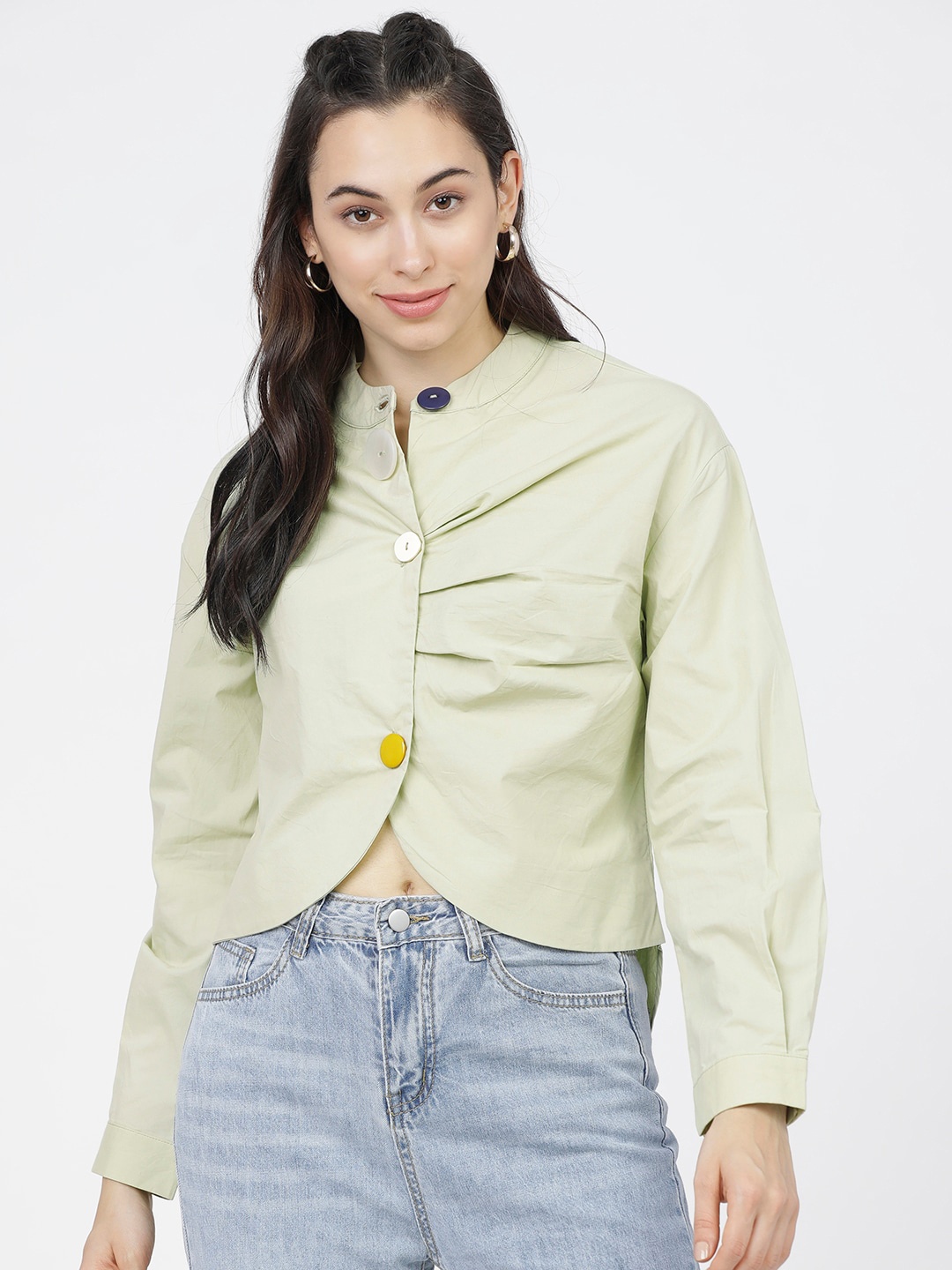 

Tokyo Talkies Green Mandarin Collar Shirt Style Top