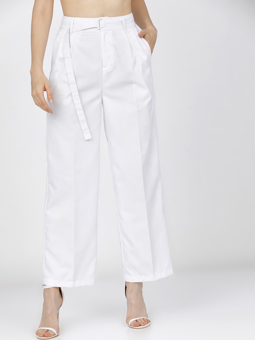 

Tokyo Talkies Women White High-Rise Pleated Parallel Trousers