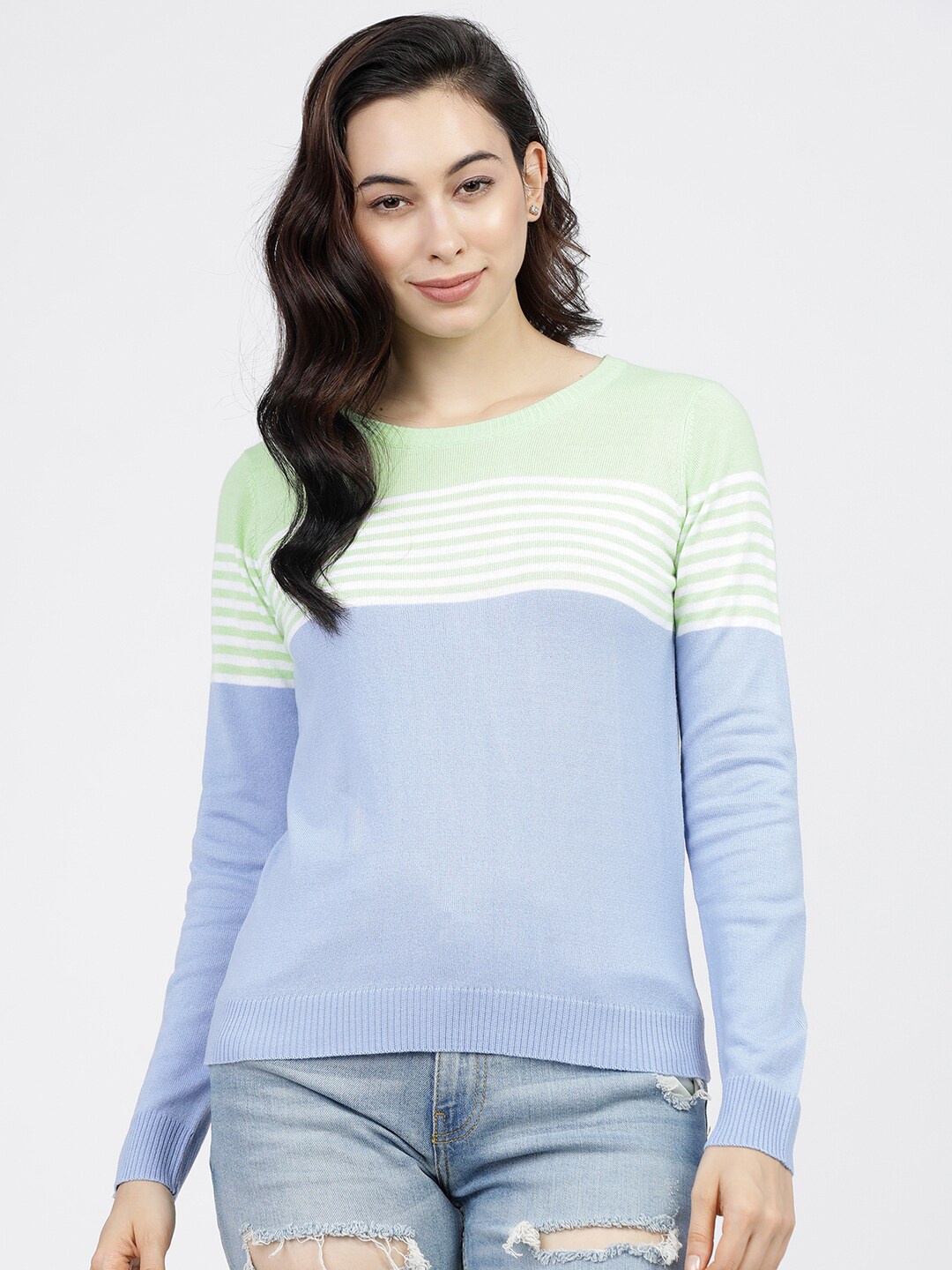 

Tokyo Talkies Women Sea Green & Blue Striped Colourblocked Pullover