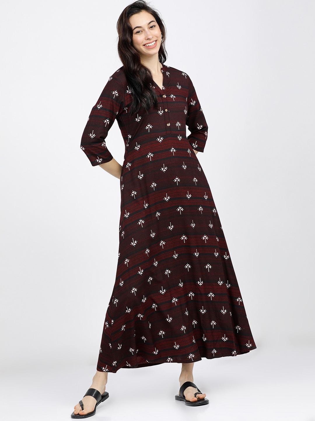 

Vishudh Maroon & Black Floral Ethnic Maxi Dress