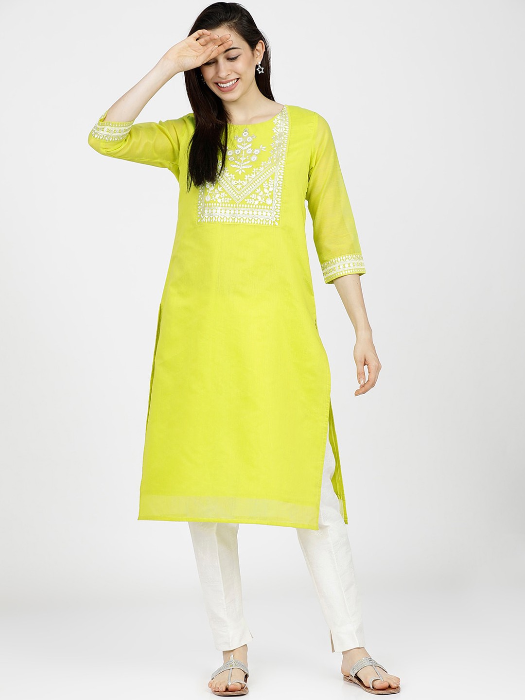 

Vishudh Women Green Ethnic Motifs Printed Straight Kurta