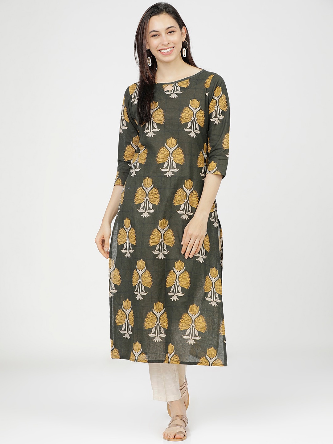 

Vishudh Women Green & Yellow Floral Printed Kurta