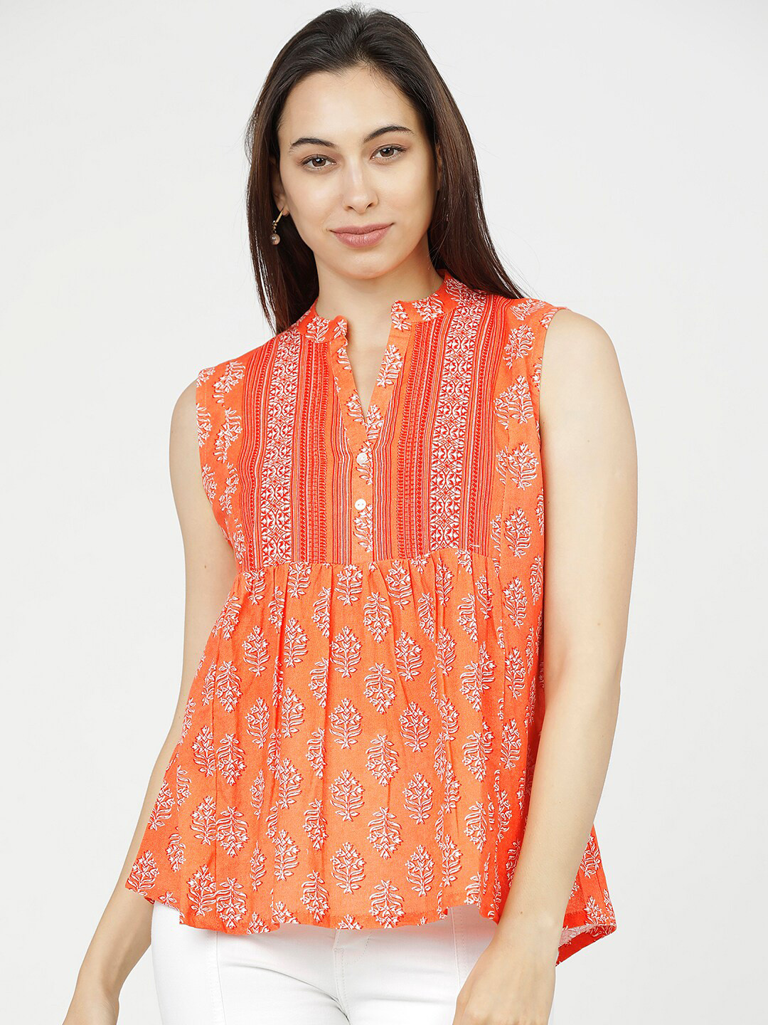 

Vishudh Coral & Off White Mandarin Collar A-Line Top