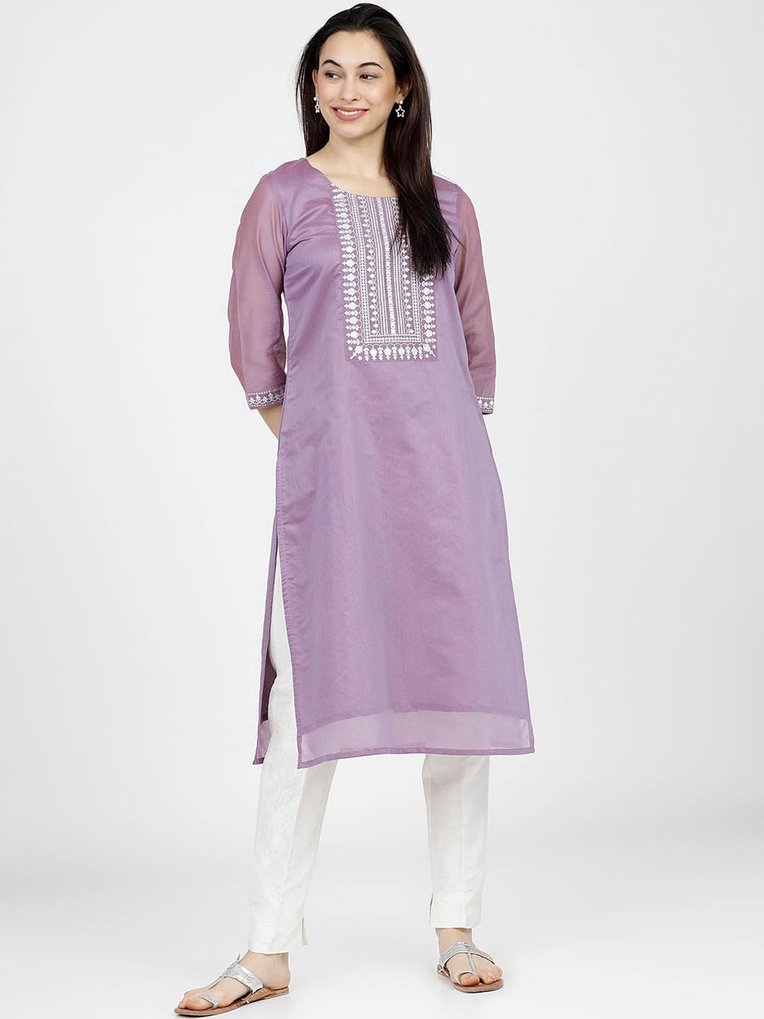 

Vishudh Women Mauve Ethnic Motifs Yoke Design Kurta