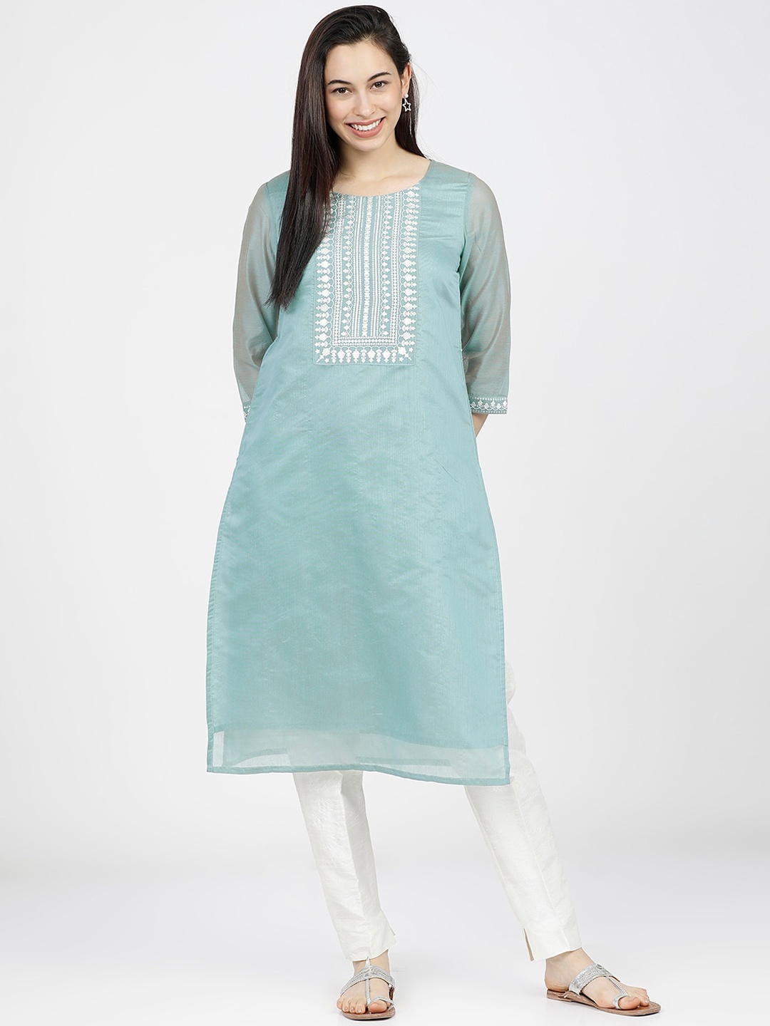 

Vishudh Women Turquoise Blue Yoke Design Kurta