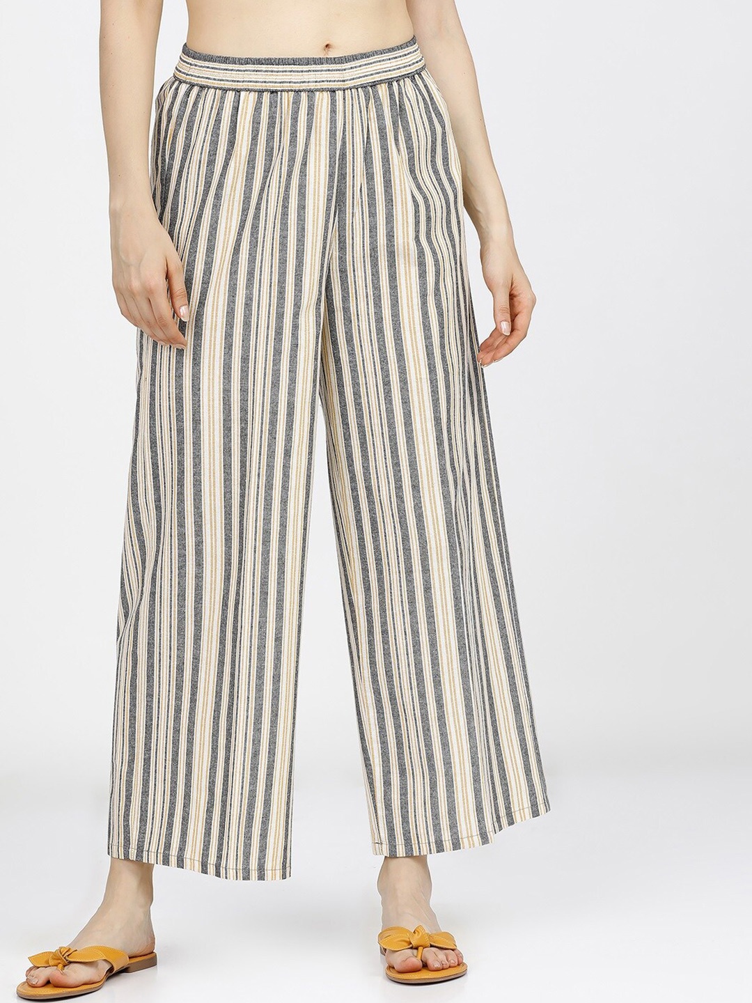

Vishudh Women Yellow & Grey Striped Flared Fit Palazzo