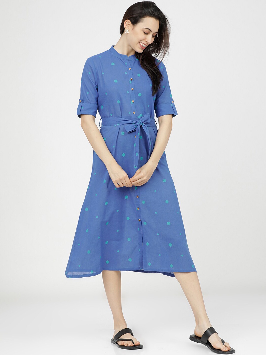 

Vishudh Blue Ethnic Cotton A-Line Midi Dress