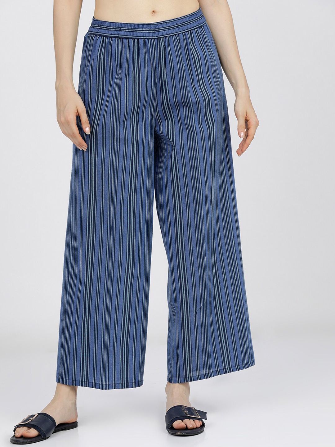 

Vishudh Women Navy Blue Striped Flared Fit Palazzo