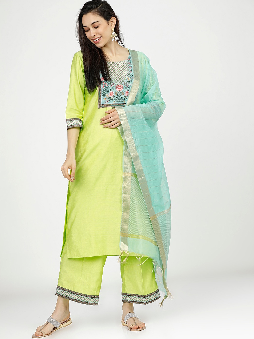 

Vishudh Women Lime Green & Sea Green Floral Empire Kurta with Palazzos & With Dupatta