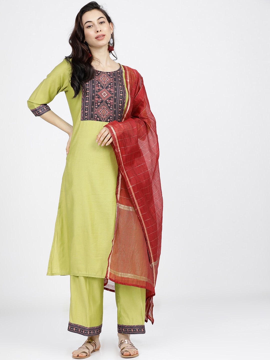 

Vishudh Women Green & Red Ethnic Motifs Yoke Design Empire Kurta with Palazzos & Dupatta