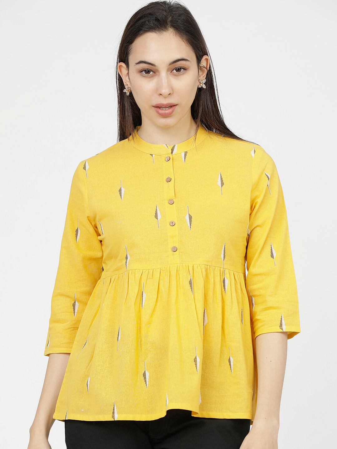 

Vishudh Yellow Geometric Mandarin Collar A-Line Top