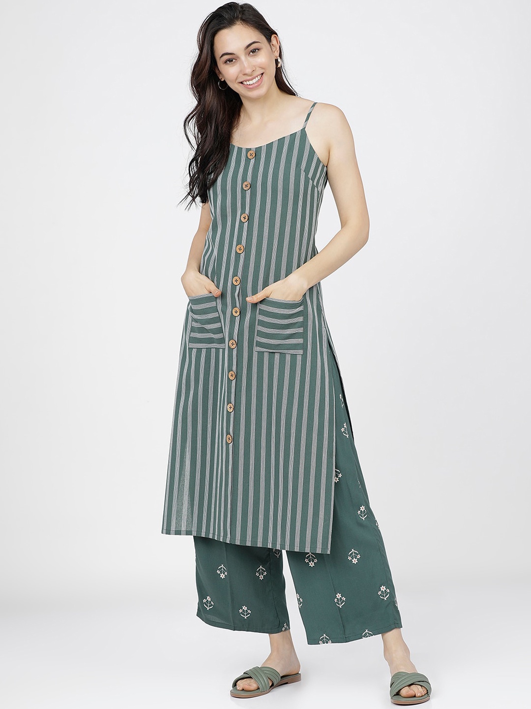 

Vishudh Women Olive Green & White Striped Panelled Pure Cotton Kurta with Palazzos