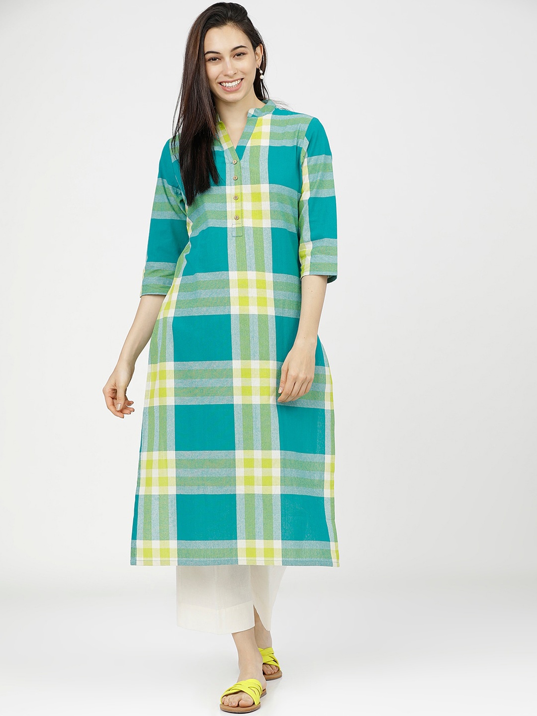 

Vishudh Women Teal & Yellow Checked Kurta