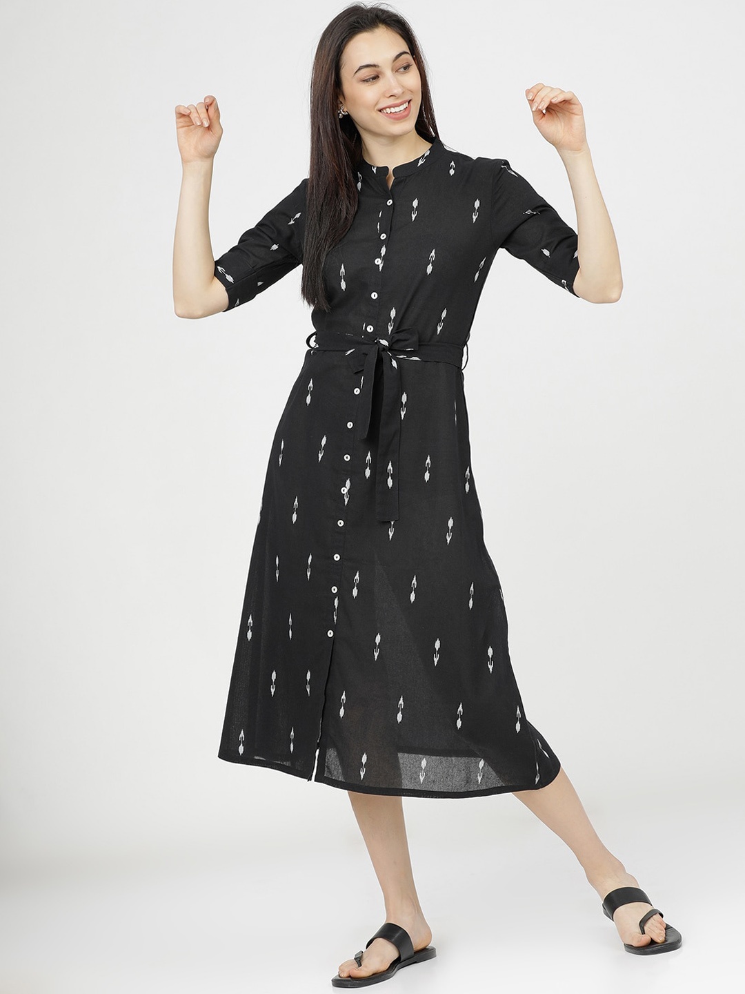 

Vishudh Black Floral Ethnic A-Line Midi Dress