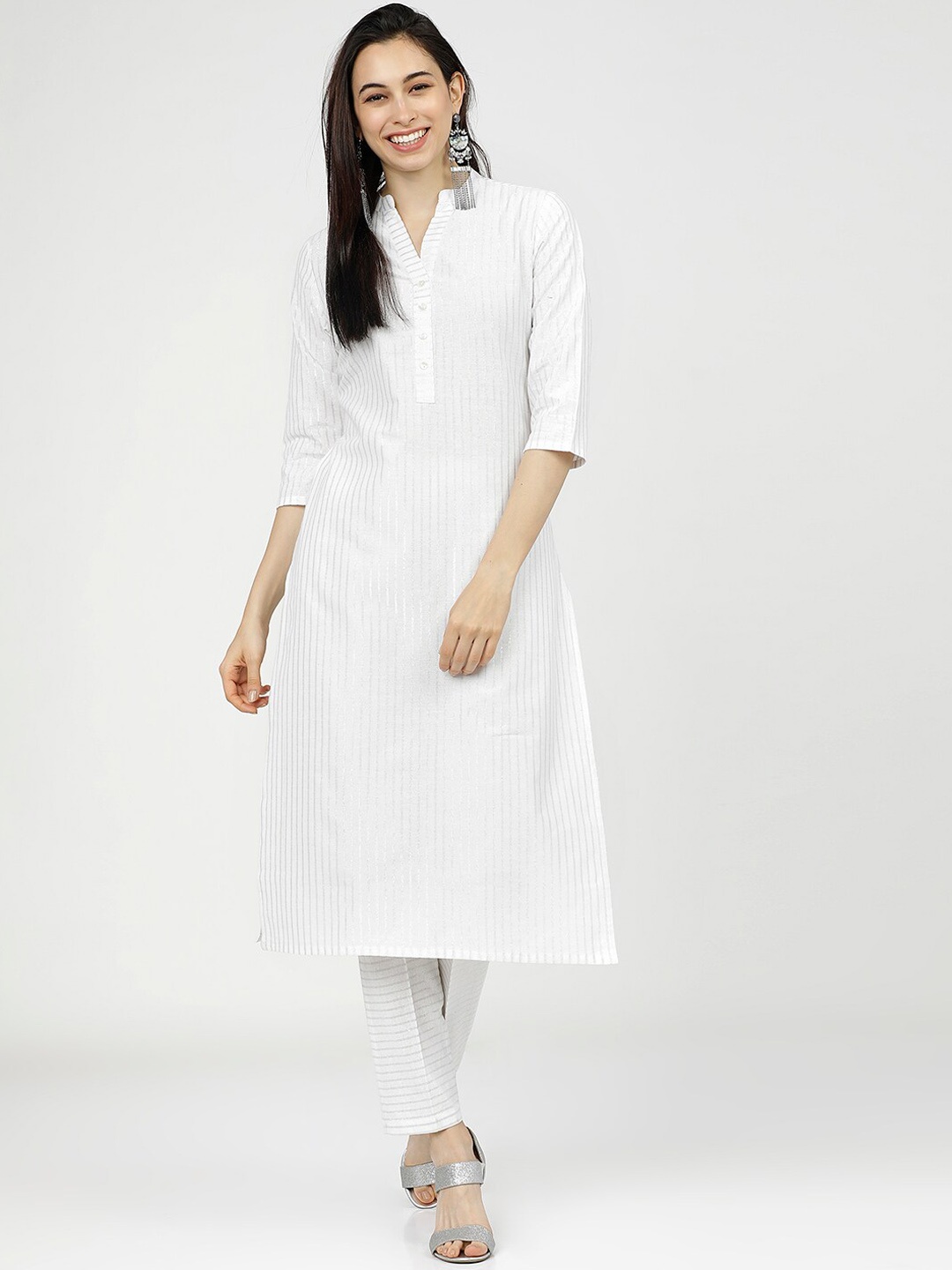 

Vishudh Women White Striped Regular Pure Cotton Kurta with Trousers