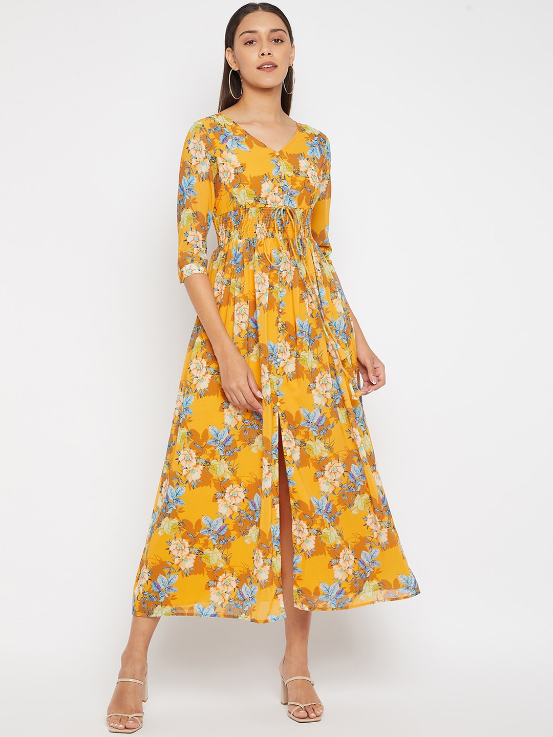 

PANIT Mustard Yellow Floral Georgette Midi Dress