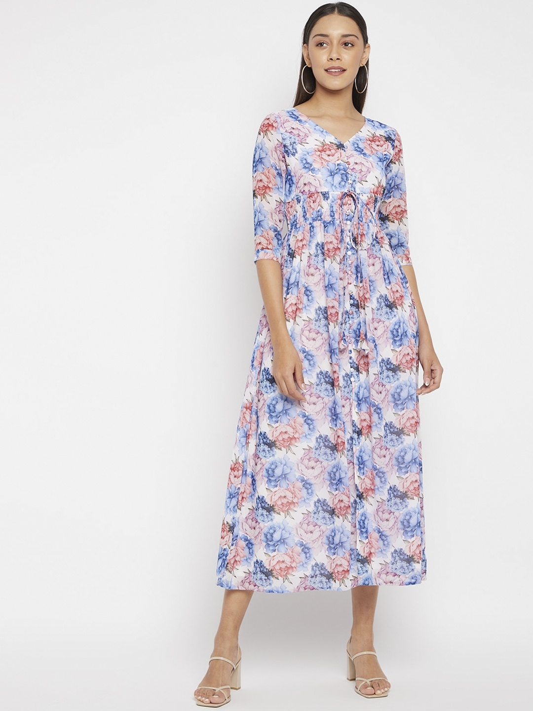 

PANIT Multicoloured Floral Printed Georgette Empire Midi ethnic Dress, Multi