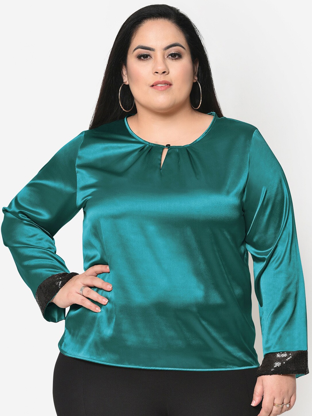 

wild U Green Plus Size Keyhole Neck Satin Regular Top