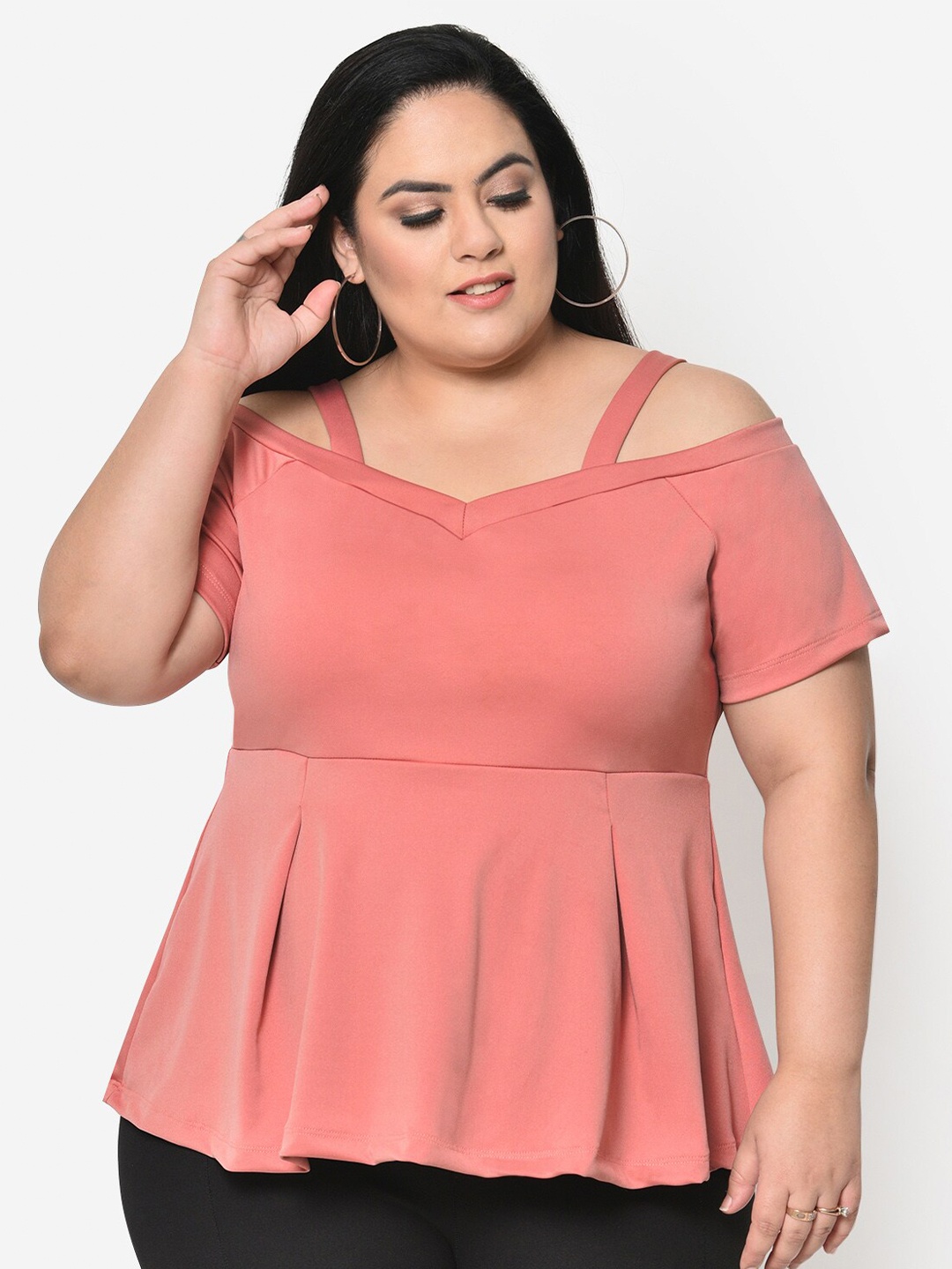 

wild U Plus Size Women Pink Solid Peplum Top