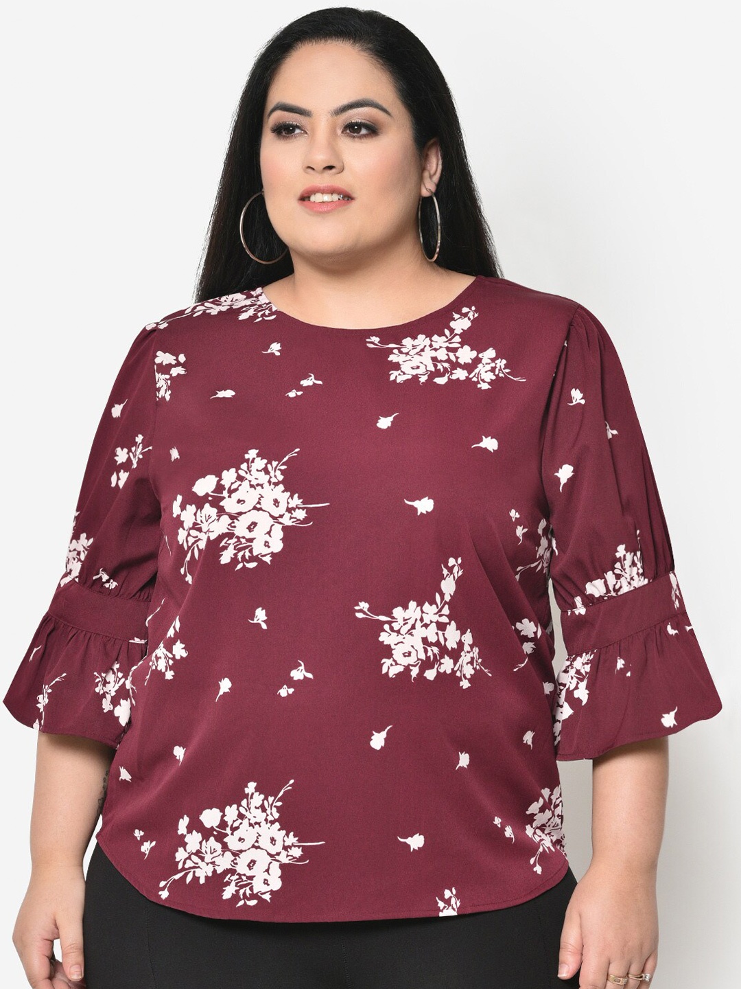 

wild U Maroon Plus Size Floral Crepe Regular Top