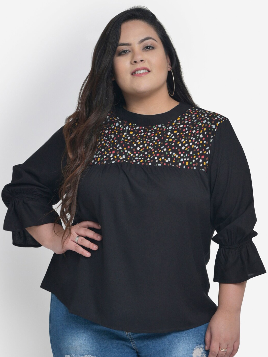 

wild U Plus Size Women Black Geometric Printed Regular Top