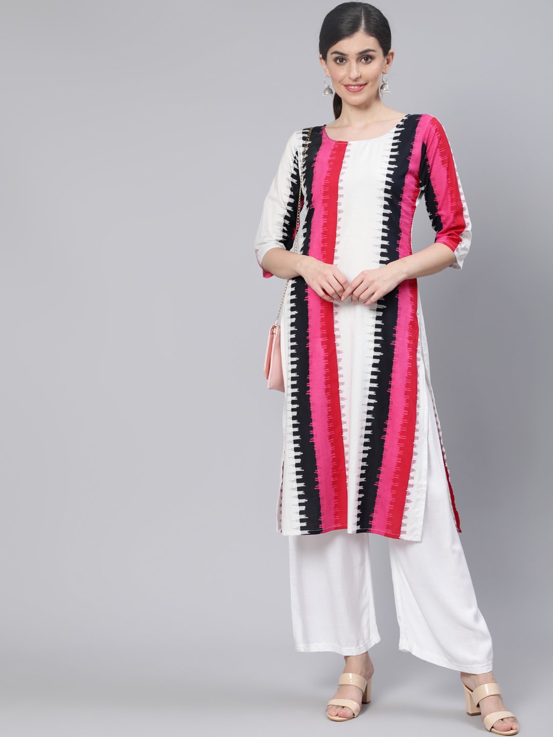 

AASI - HOUSE OF NAYO Women White & Pink Cotton Printed Kurta