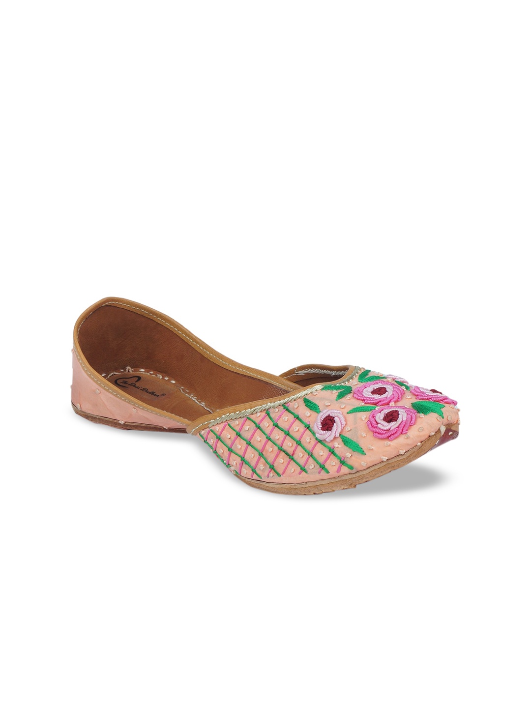 

The Desi Dulhan Women Pink Embellished Leather Mojaris Flats