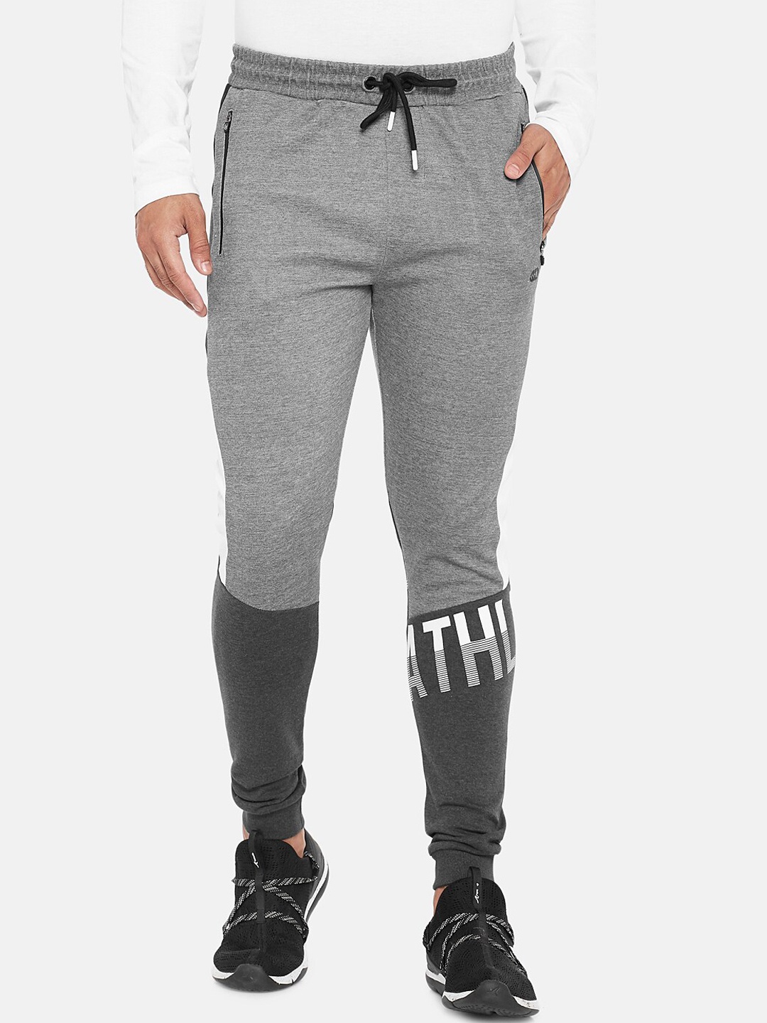 

Ajile by Pantaloons Men Grey Colourblocked Pure Cotton Slim-Fit Joggers