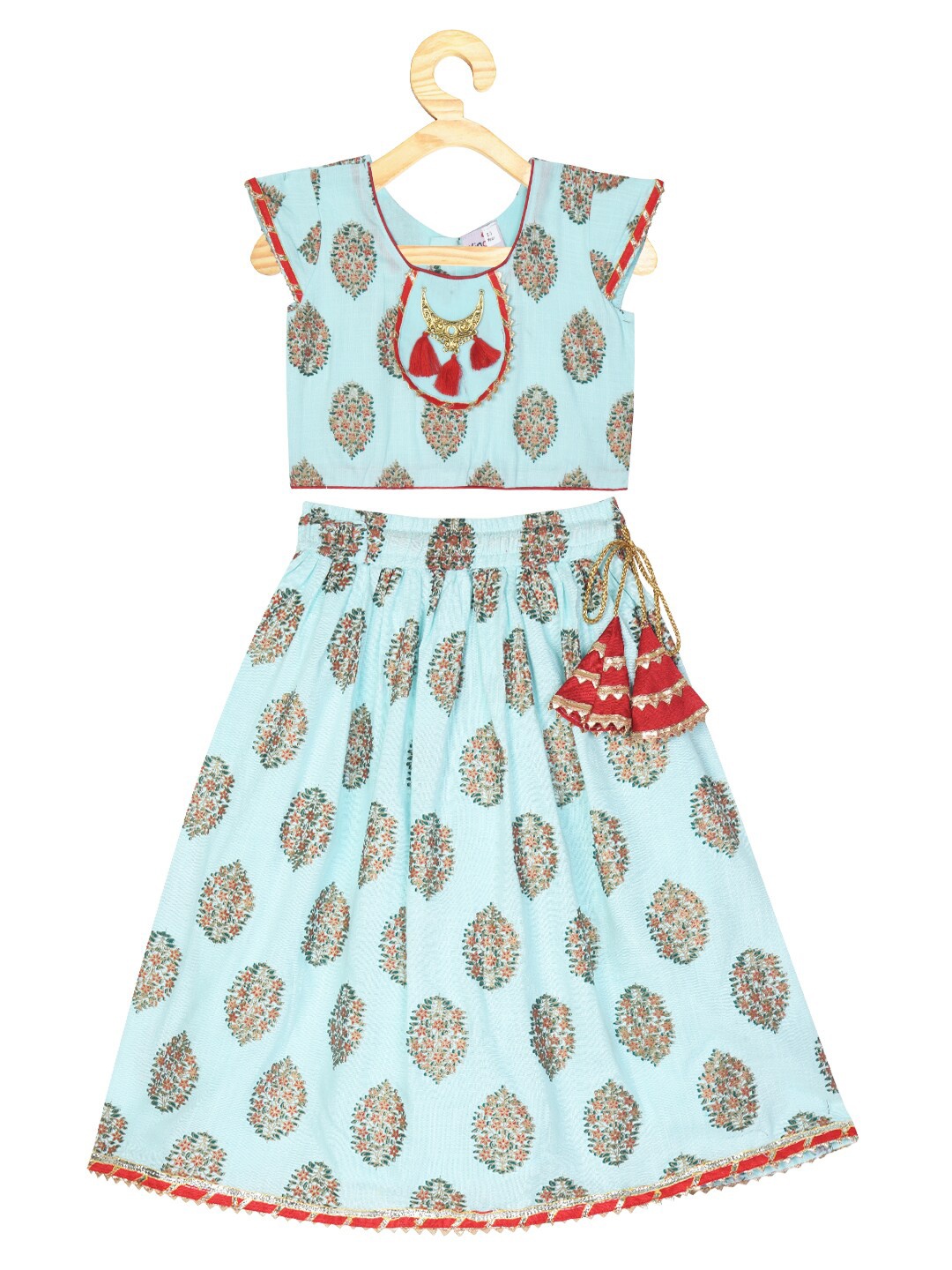 

Kinder Kids Girls Blue & Red Printed Ready to Wear Lehenga