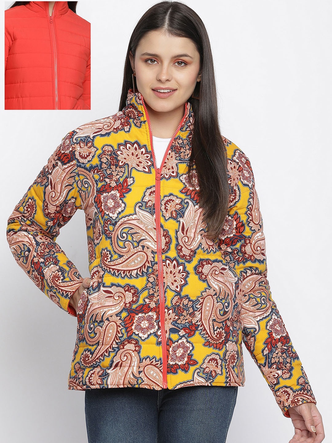 

Oxolloxo Women Yellow & Red Floral Reversible Padded Jacket