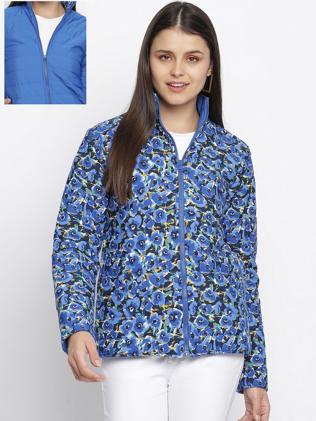 

Oxolloxo Women Blue Floral Printed Reversible Quilted Jacket
