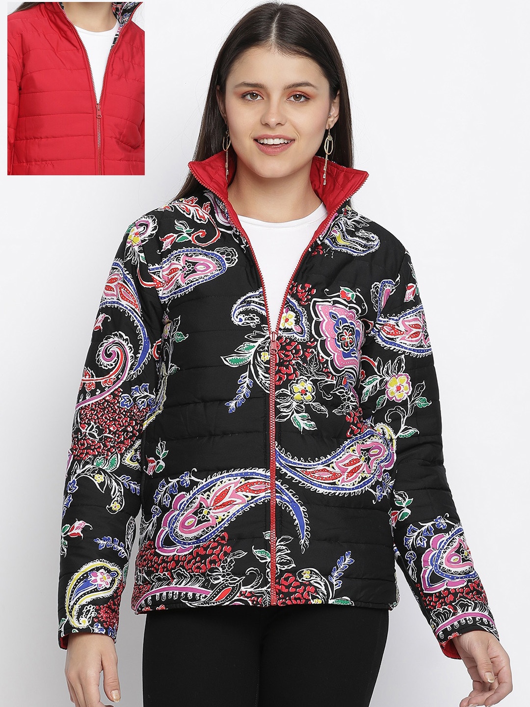 

Oxolloxo Women Black Red Floral Reversible Bomber Jacket