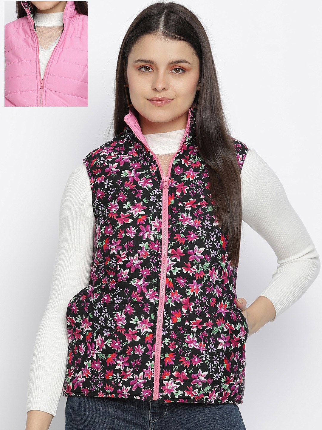 

Oxolloxo Women Black & Pink Floral Reversible Bomber Jacket