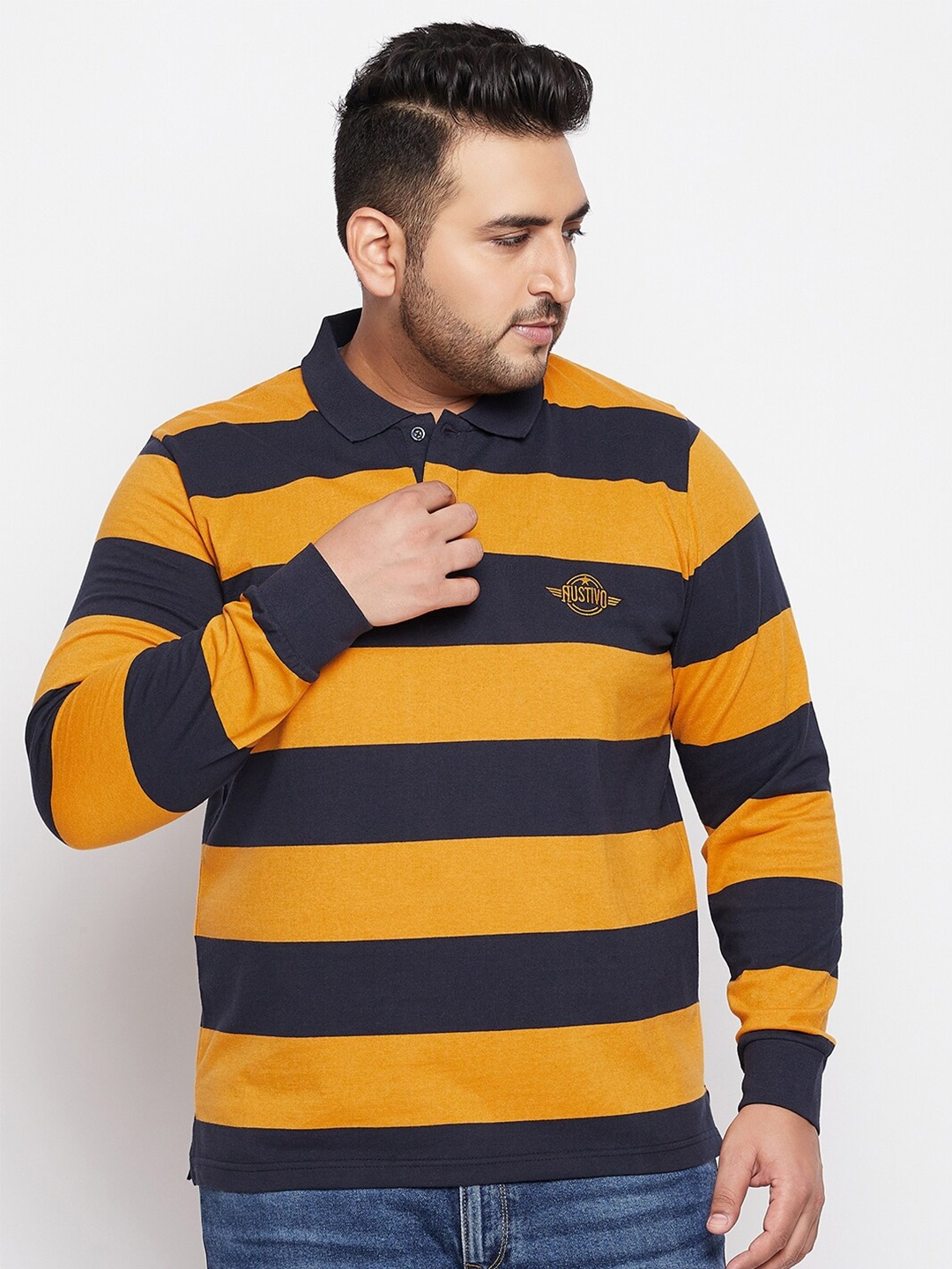 

AUSTIVO Men Mustard Yellow & Black Striped Polo Collar T-shirt
