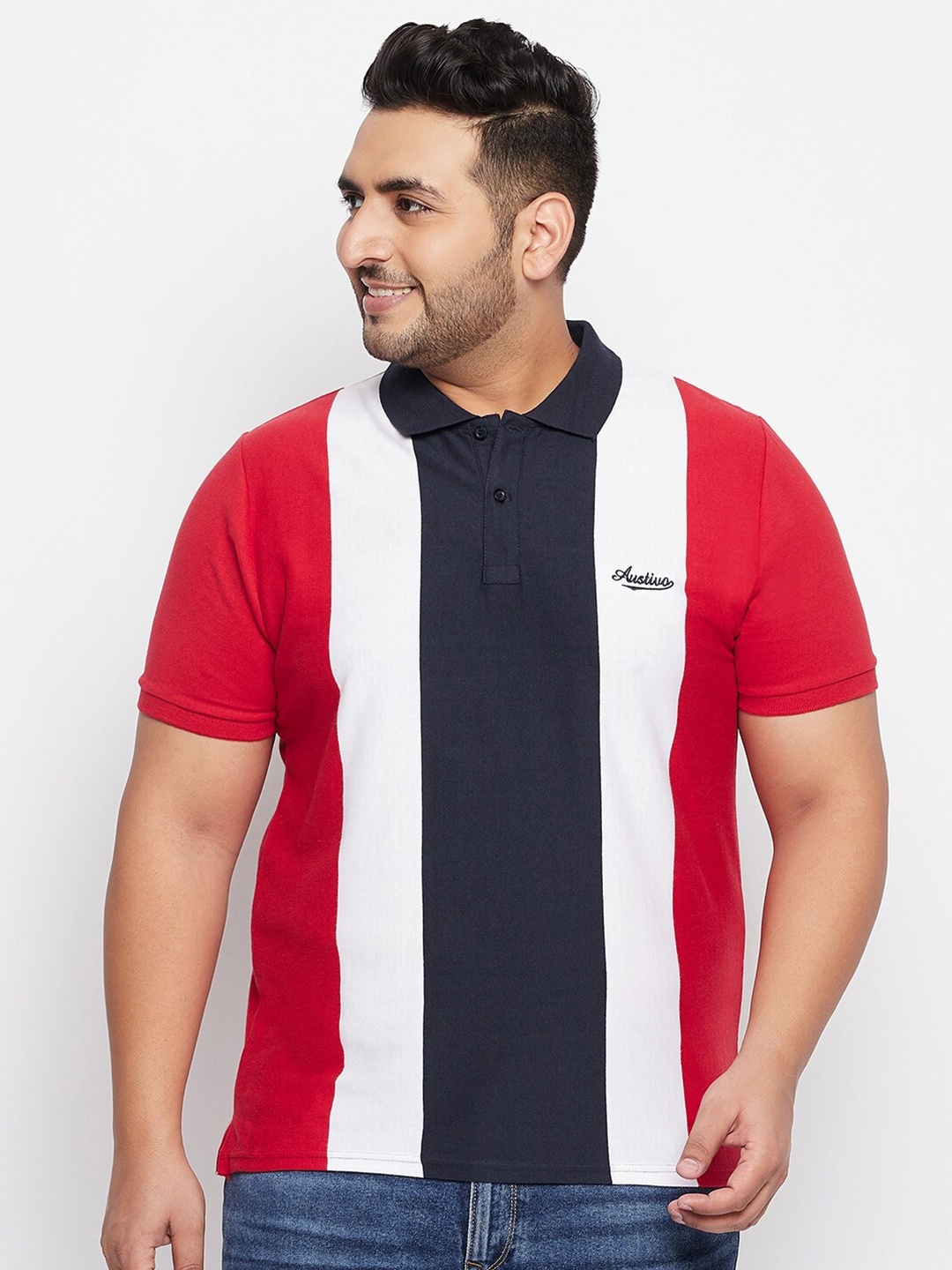 

AUSTIVO Men Red & White Colourblocked Polo Collar T-shirt