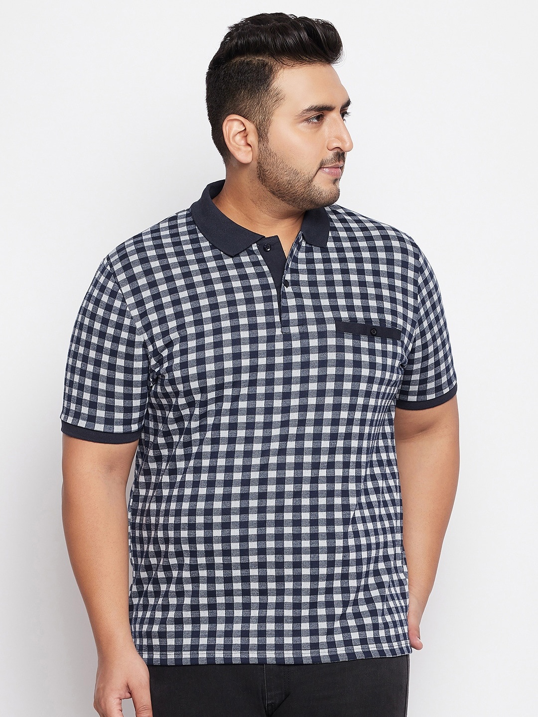 

AUSTIVO Men Navy Blue & White Checked Polo Collar Pockets T-shirt (Plus Size)