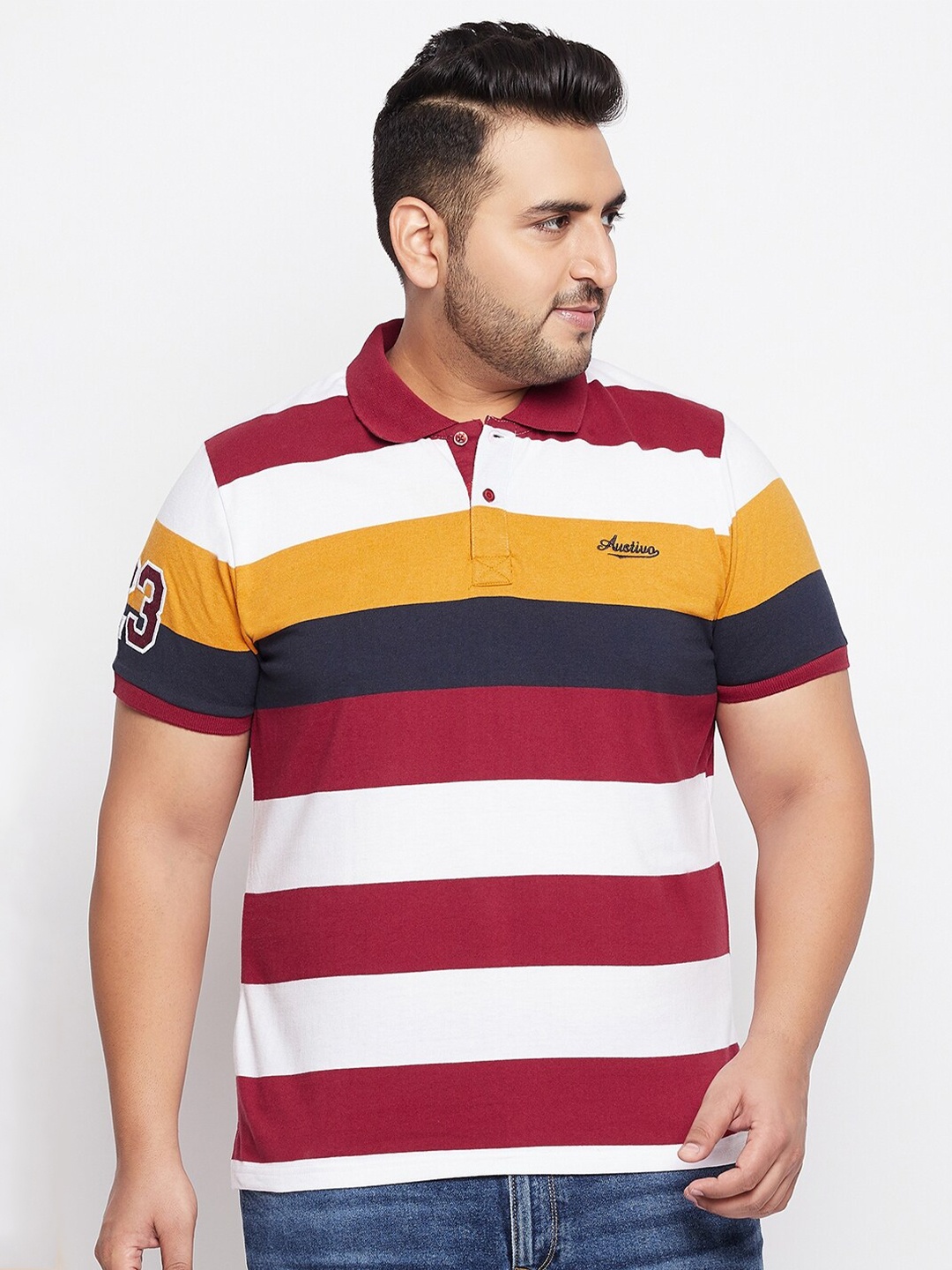 

AUSTIVO Men Multicoloured Striped Polo Collar T-shirt, Multi